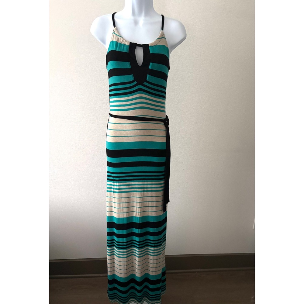 Resort Chic Striped Maxi Dress M Sculpting Side Panels Sleeveless Knit Keyhole - Picture 3 of 16